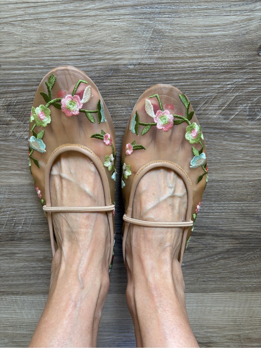 Wild Pair Nude Floral Embroidered Mary Jane Flats